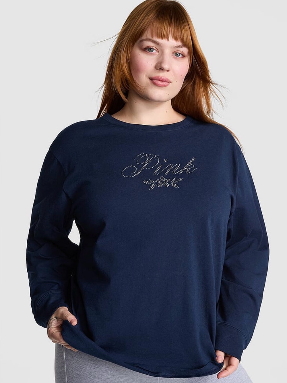 PINK Victoria's Secret Navy Long-Sleeve Rhinestone Logo Sweatshirt